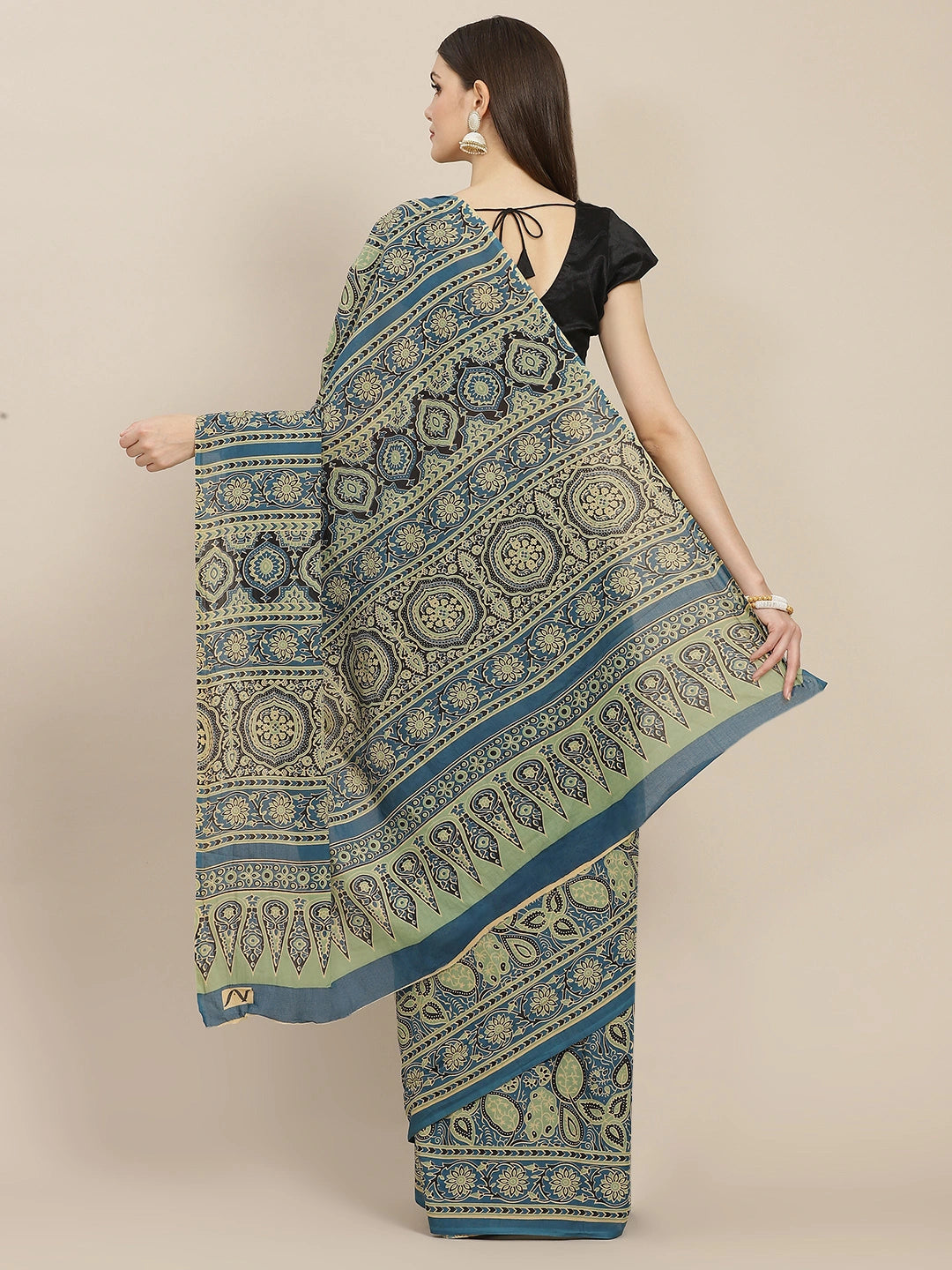 Blue Pure Cotton Ajrak Block Printed Saree-Yufta Store-6052SARBL