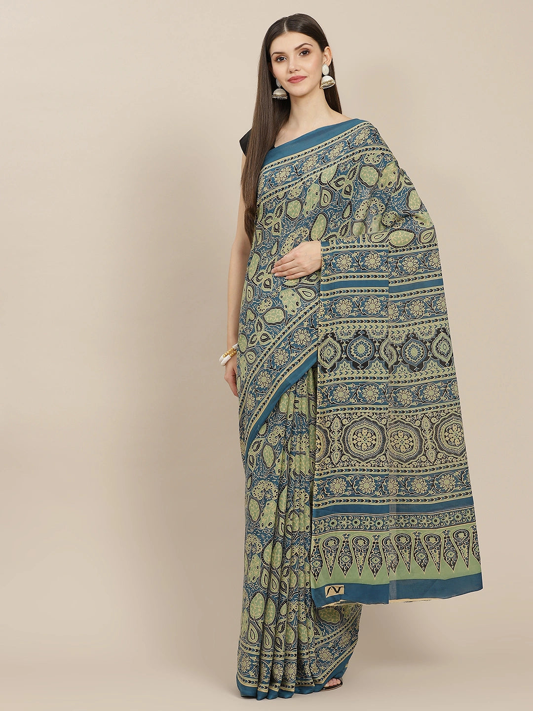 Blue Pure Cotton Ajrak Block Printed Saree