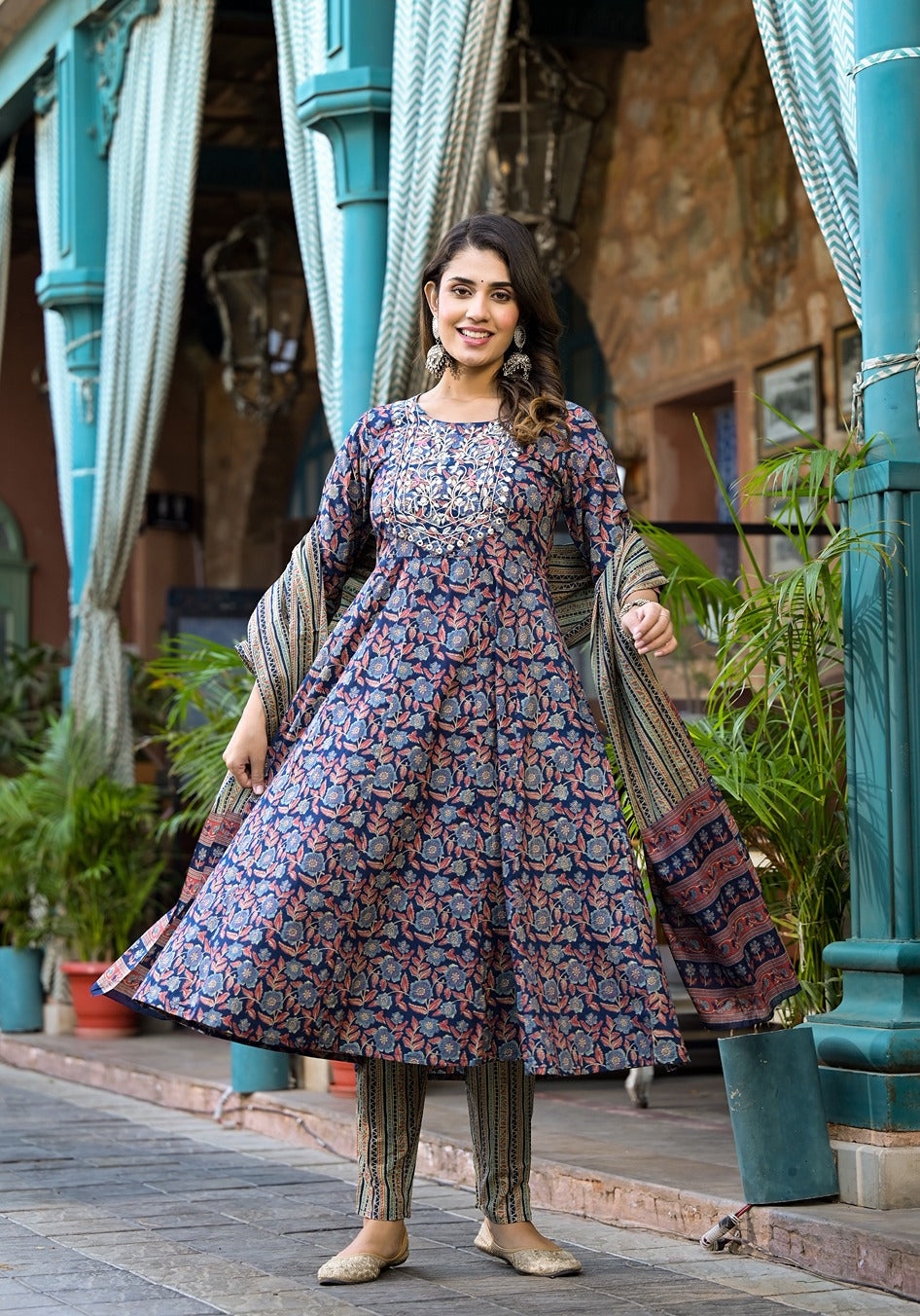 Blue Pure Cotton Anarkali Floral Thread Work Kurta Trouser With Dupatta Set-Yufta Store-1283SKDBLS