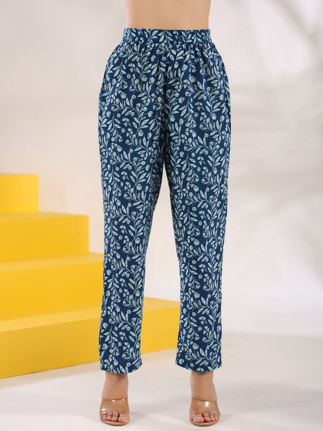 Blue Pure Cotton Floral Print A-Line Kurta Trouser Set-Yufta Store-1645SETBLS