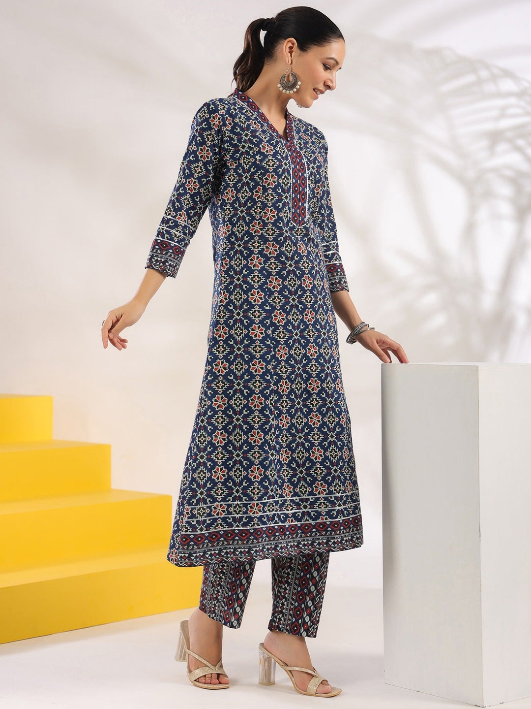 Blue Pure Cotton Geometric_Print A-Line Kurta Trouser Set-Yufta Store-1720SETBLS