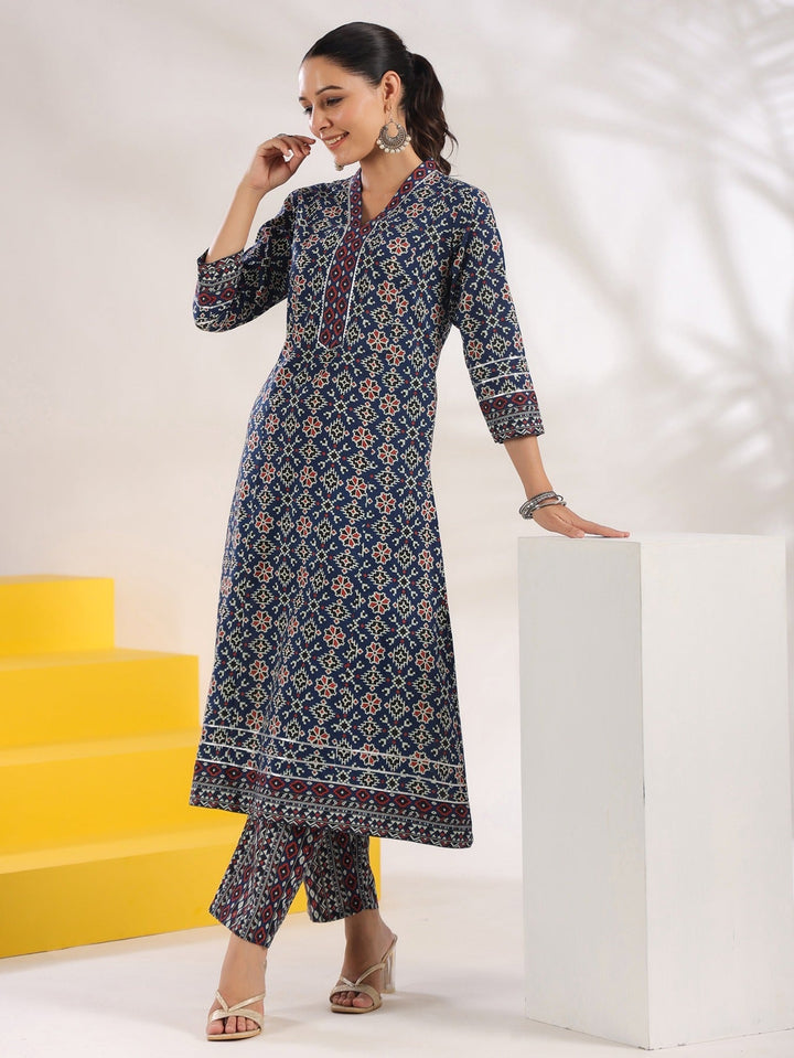 Blue Pure Cotton Geometric_Print A-Line Kurta Trouser Set-Yufta Store-1720SETBLS