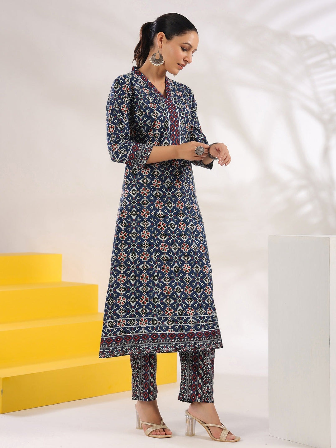 Blue Pure Cotton Geometric_Print A-Line Kurta Trouser Set-Yufta Store-1720SETBLS