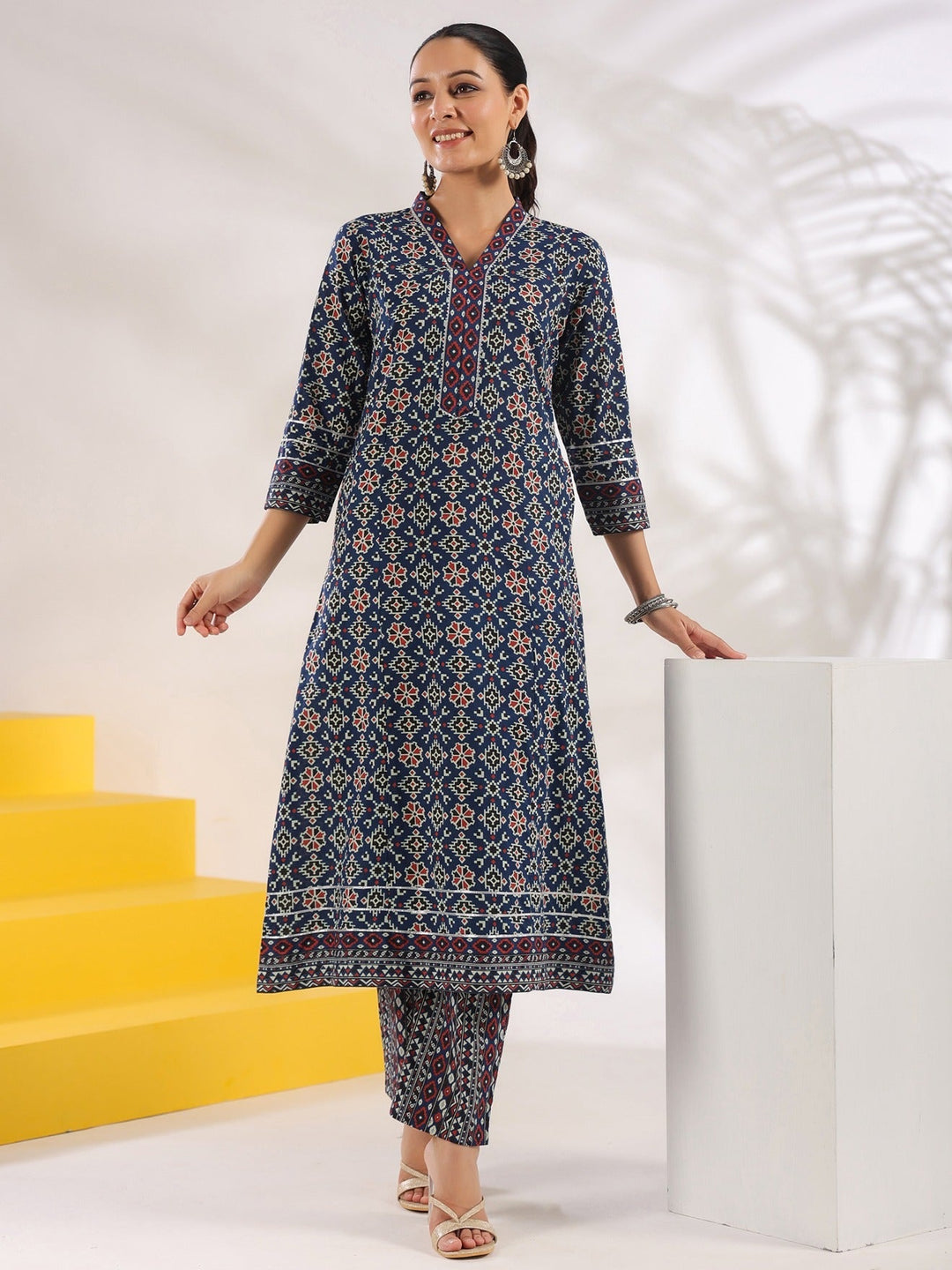 Blue Pure Cotton Geometric_Print A-Line Kurta Trouser Set-Yufta Store-1720SETBLS