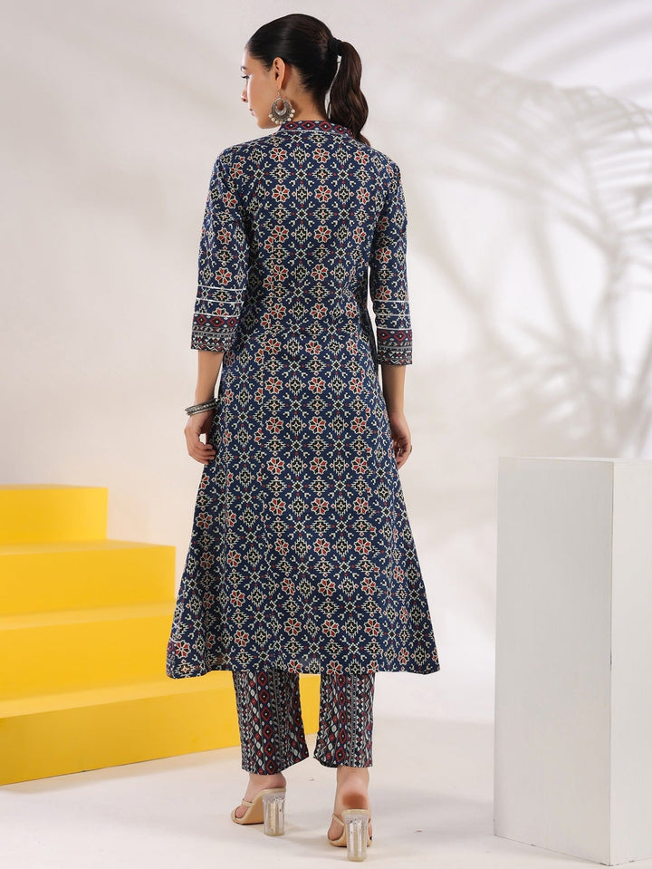 Blue Pure Cotton Geometric_Print A-Line Kurta Trouser Set-Yufta Store-1720SETBLS