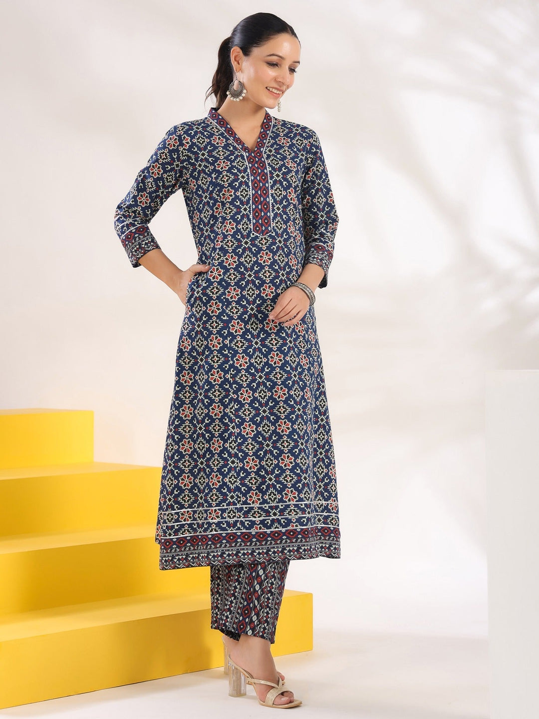 Blue Pure Cotton Geometric_Print A-Line Kurta Trouser Set-Yufta Store-1720SETBLS