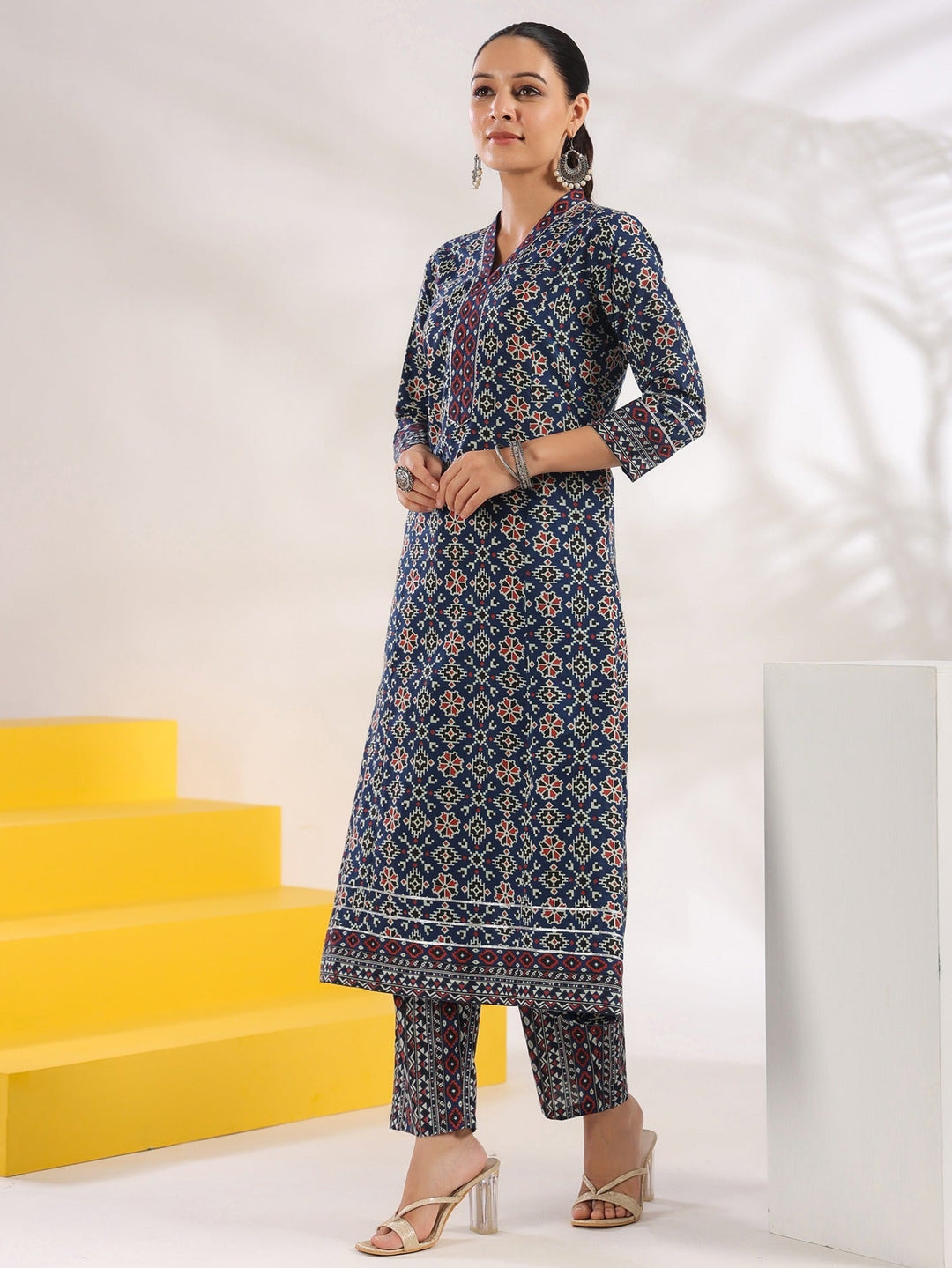 Blue Pure Cotton Geometric_Print A-Line Kurta Trouser Set-Yufta Store-1720SETBLS