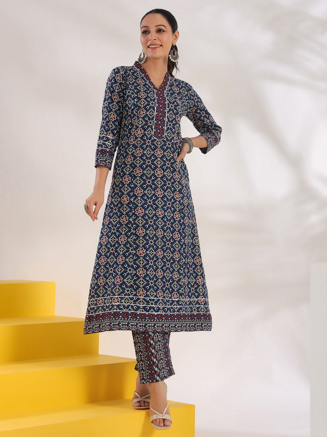 Blue Pure Cotton Geometric_Print A-Line Kurta Trouser Set-Yufta Store-1720SETBLS