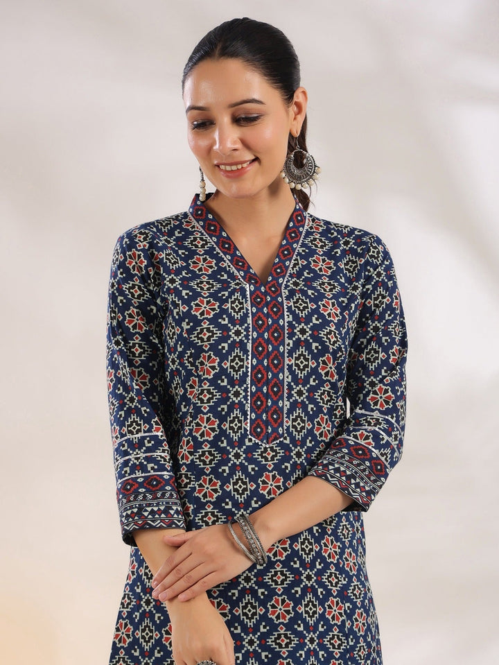 Blue Pure Cotton Geometric_Print A-Line Kurta Trouser Set-Yufta Store-1720SETBLS