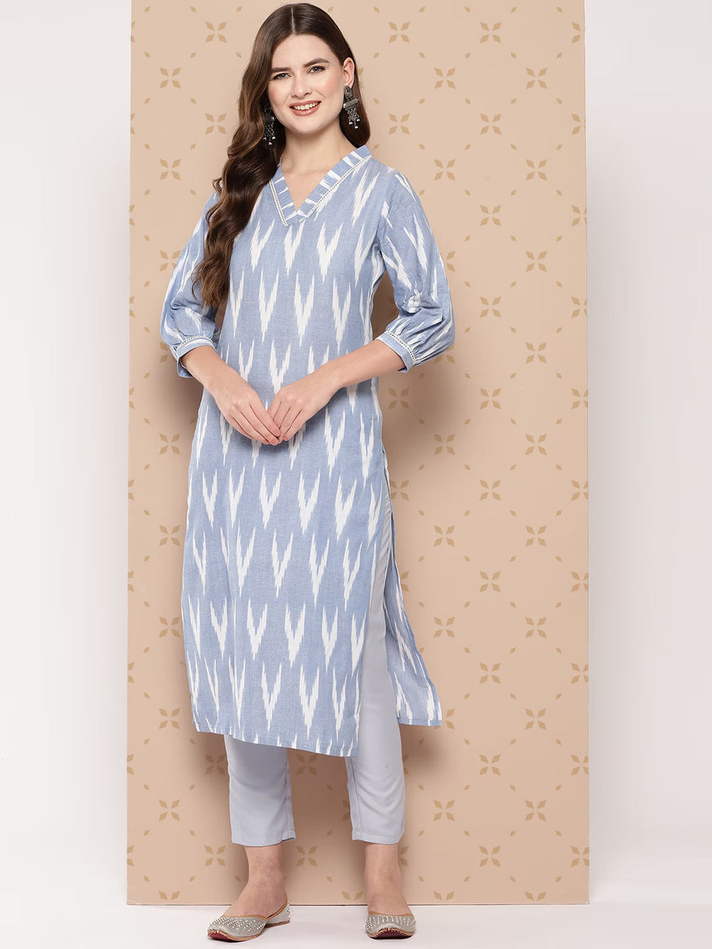 Blue Pure Cotton Ikat Print Kurta-Yufta Store-1601KURBLS