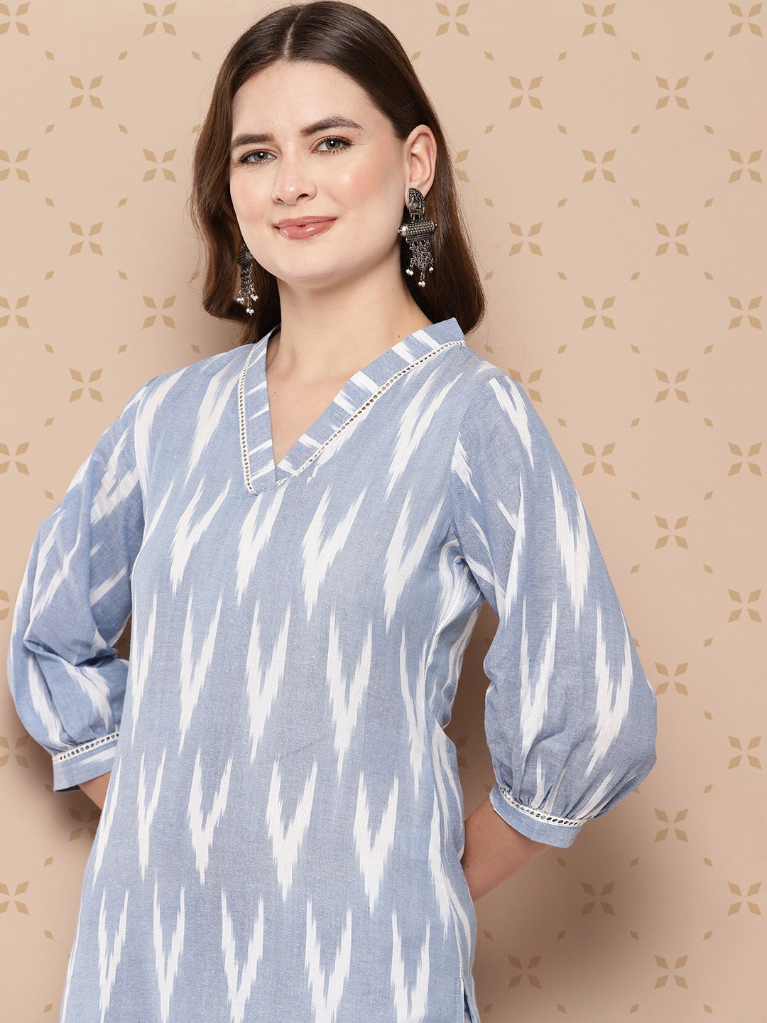 Blue Pure Cotton Ikat Print Kurta