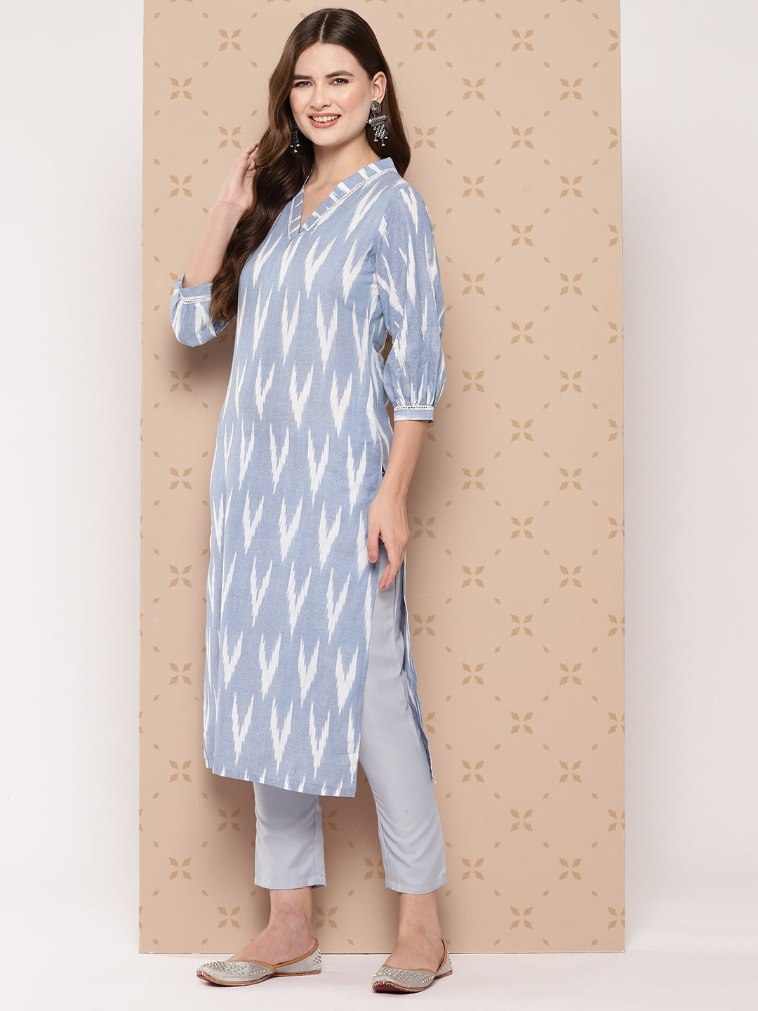 Blue Pure Cotton Ikat Print Kurta-Yufta Store-1601KURBLS