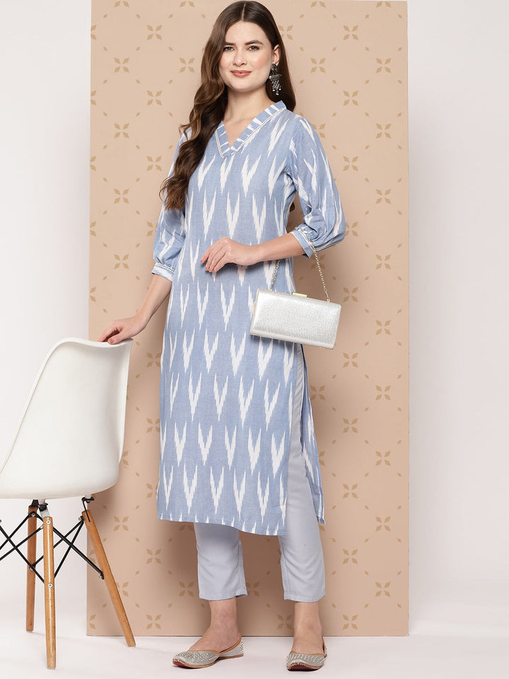 Blue Pure Cotton Ikat Print Kurta