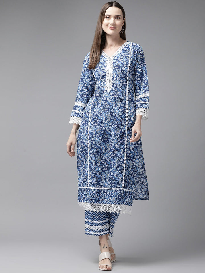 Blue Pure Cotton kurta set with embroidery Kurta Trouser Set-Yufta Store-1794SETBLS
