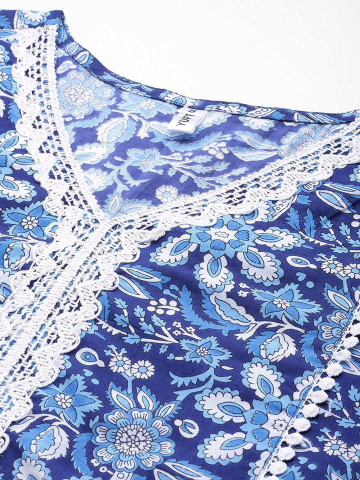 Blue Pure Cotton kurta set with embroidery Kurta Trouser Set-Yufta Store-1794SETBLS