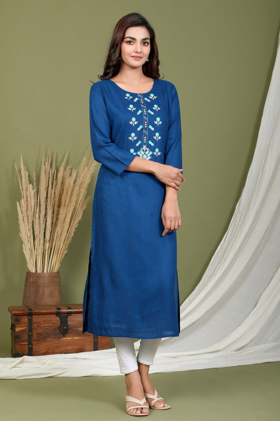 Blue Rayon Embroidered Kurta-Yufta Store-2408KURBLM