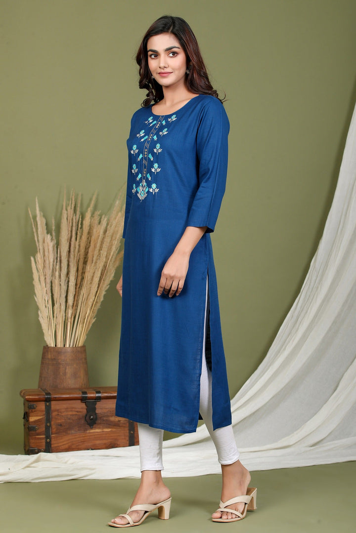 Blue Rayon Embroidered Kurta-Yufta Store-2408KURBLM