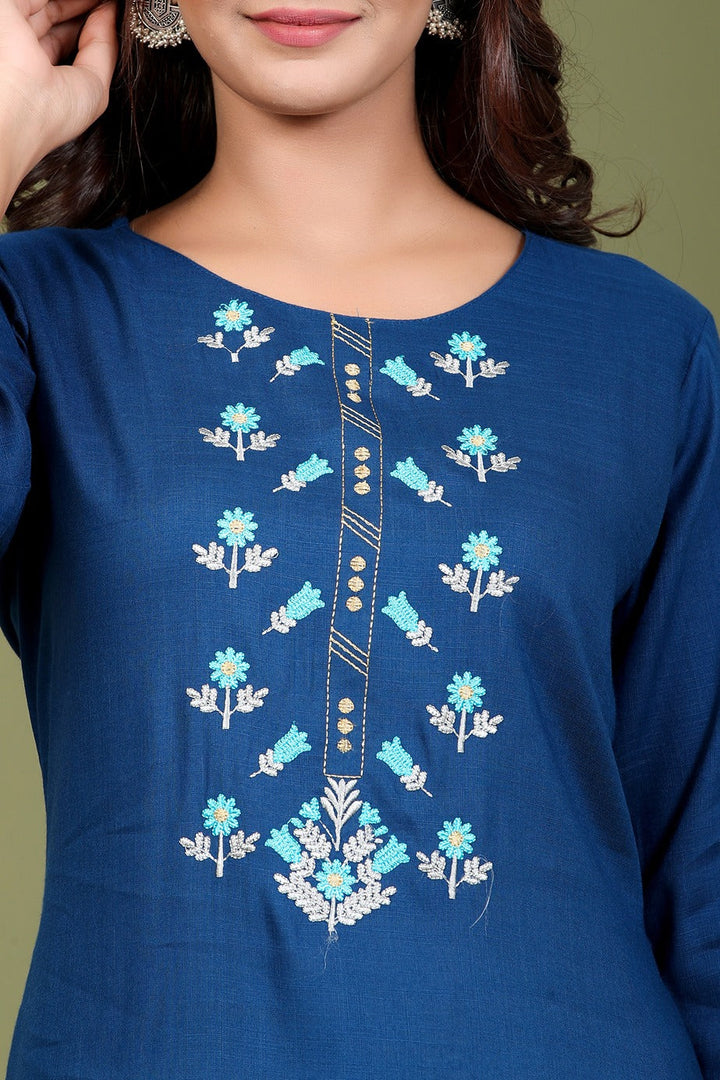 Blue Rayon Embroidered Kurta-Yufta Store-2408KURBLM