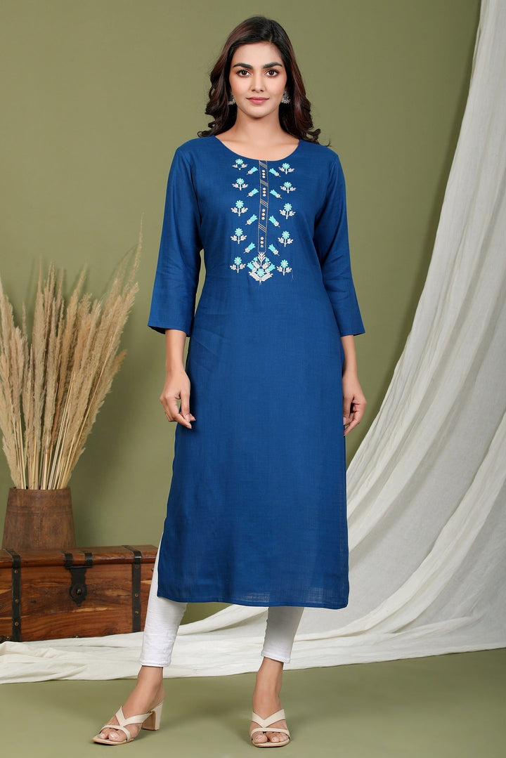 Blue Rayon Embroidered Kurta-Yufta Store-2408KURBLM