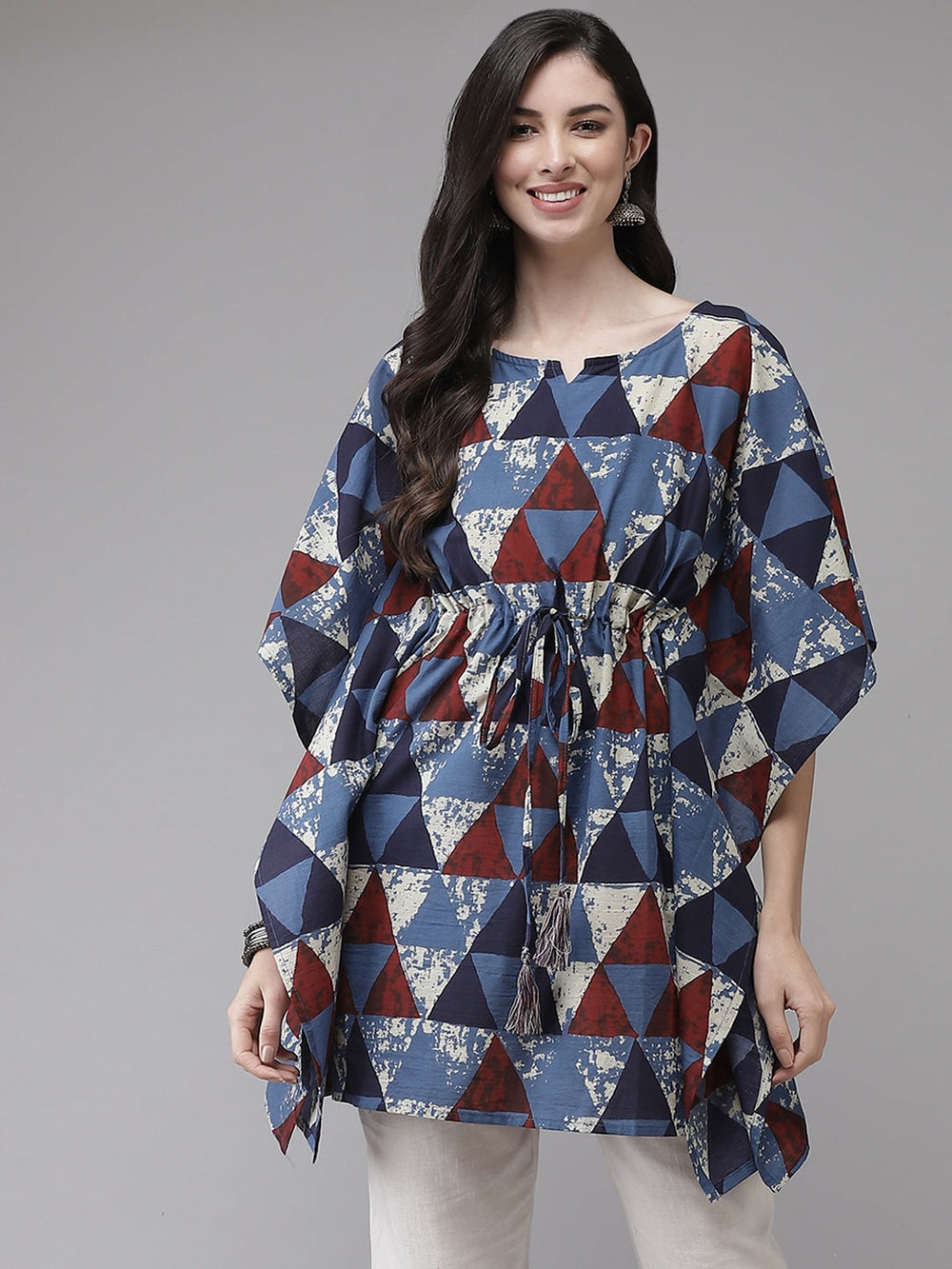 Blue & Red Geometric Printed Kaftan Kurta