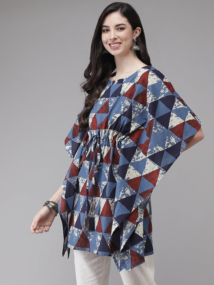 Blue & Red Geometric Printed Kaftan Kurta