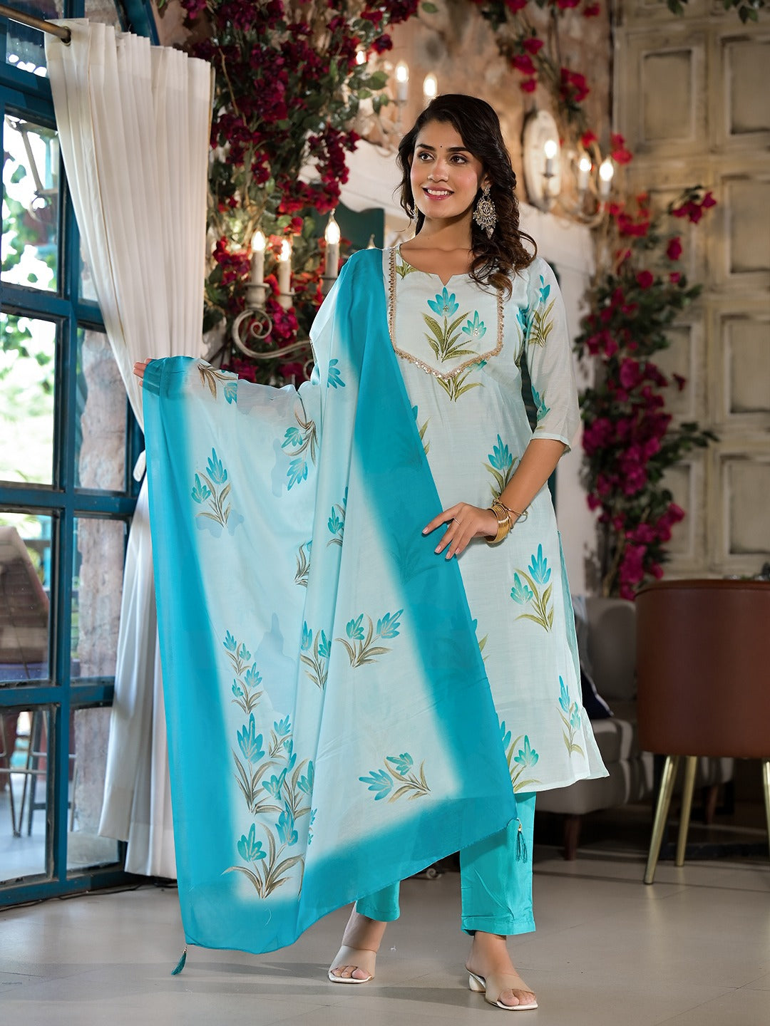 Blue Silk Blend Floral Cutdana_Work Kurta Trouser With Dupatta Set