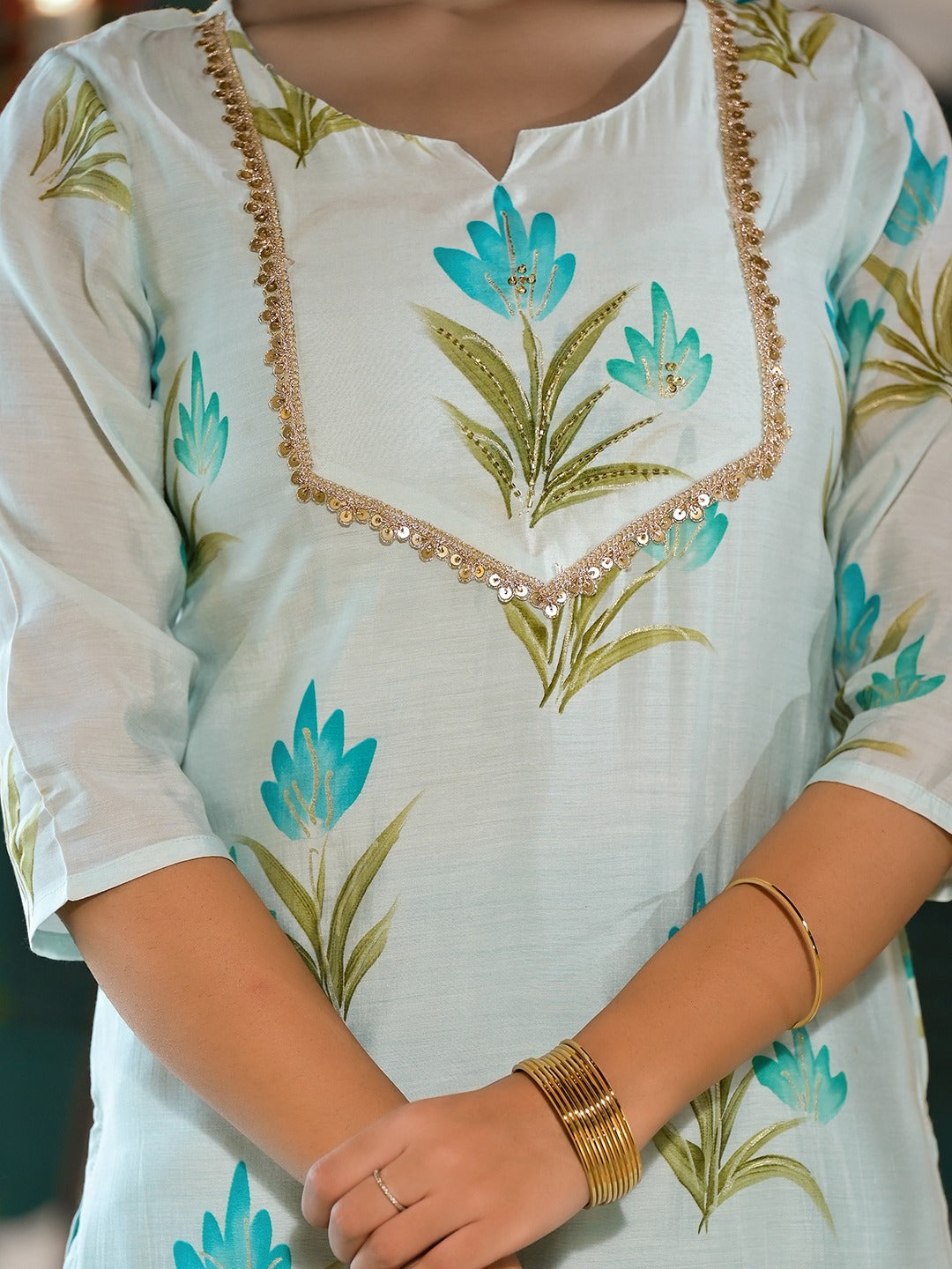 Blue Silk Blend Floral Cutdana_Work Kurta Trouser With Dupatta Set-Yufta Store-1537SKDBLS