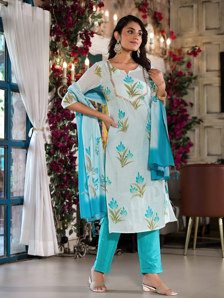 Blue Silk Blend Floral Cutdana_Work Kurta Trouser With Dupatta Set