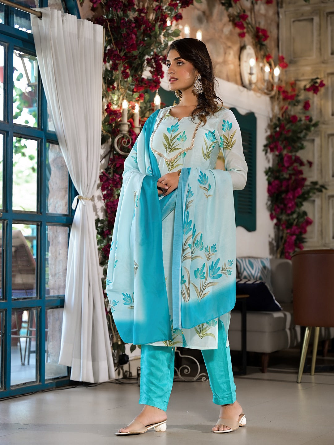 Blue Silk Blend Floral Cutdana_Work Kurta Trouser With Dupatta Set