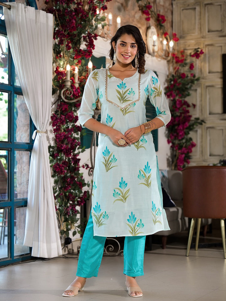 Blue Silk Blend Floral Cutdana_Work Kurta Trouser With Dupatta Set