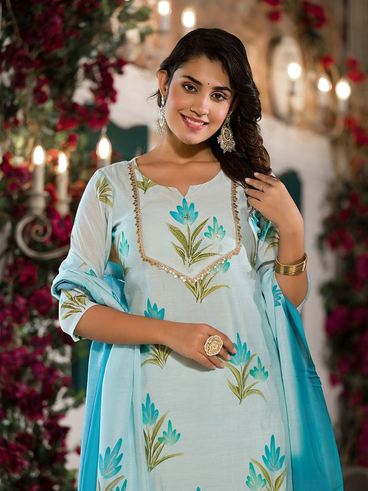 Blue Silk Blend Floral Cutdana_Work Kurta Trouser With Dupatta Set