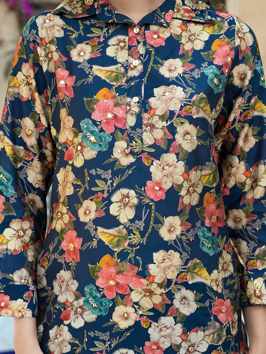 Blue Silk blend Floral Print Shirt Collar Co-ord set-Yufta Store-1827CRDBLM
