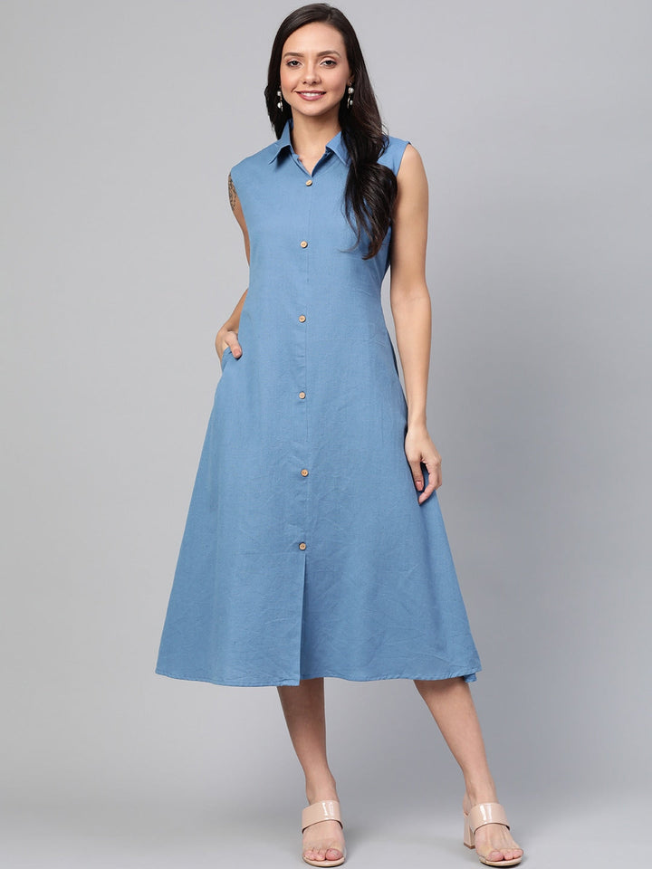 Blue Solid Dress-Yufta Store-7459DRSBLSS