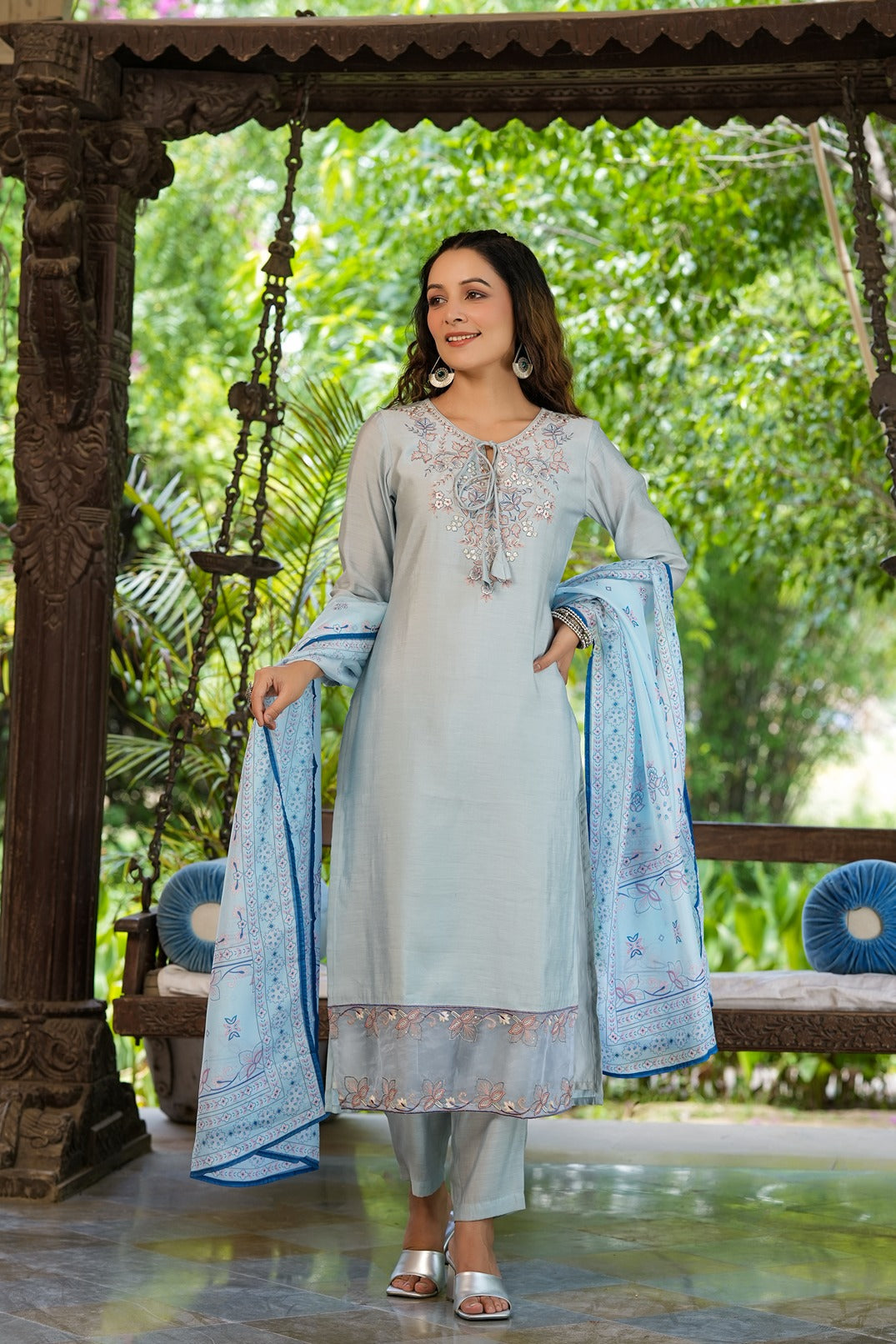 Blue Solid Embroidered Chikankari Silk Kurta Dupatta Set