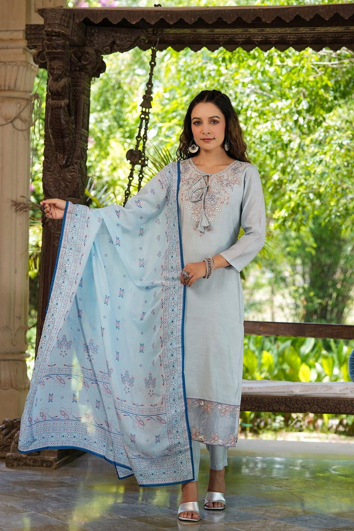 Blue Solid Embroidered Chikankari Silk Kurta Dupatta Set