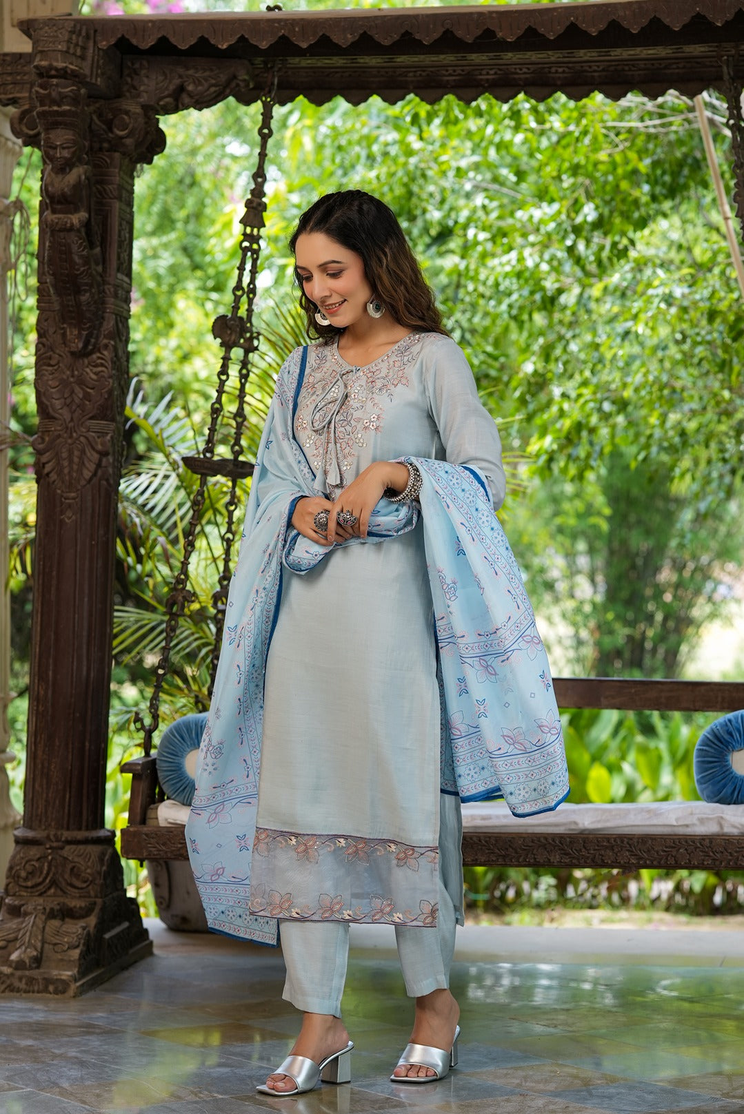 Blue Solid Embroidered Chikankari Silk Kurta Dupatta Set