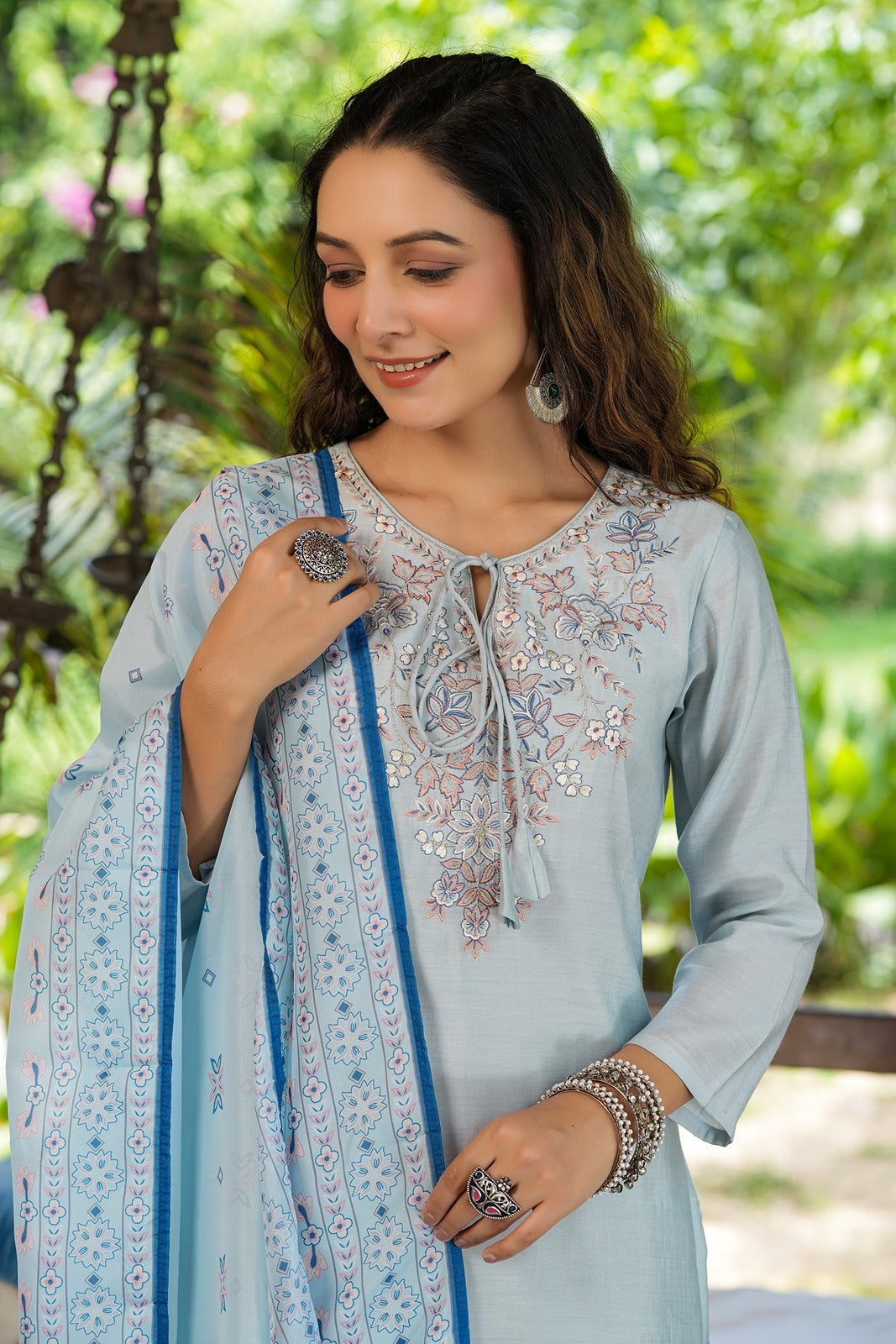 Blue Solid Embroidered Chikankari Silk Kurta Dupatta Set-Yufta Store-1227SKDBLS