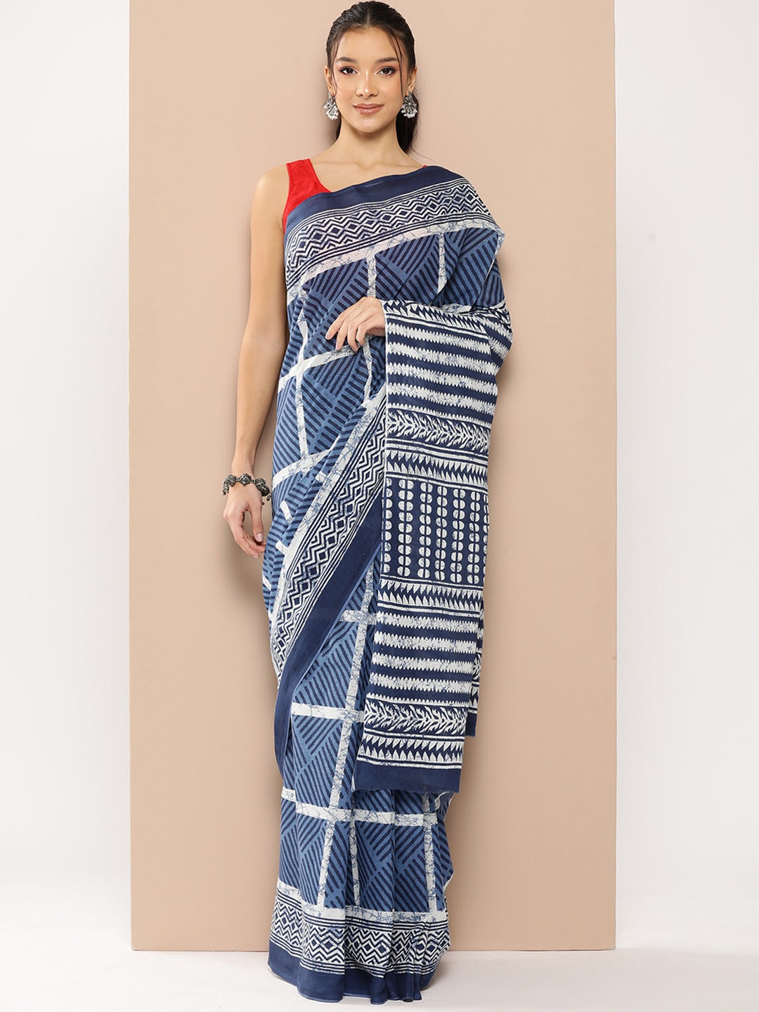 Blue Striped Mulmul Cotton Sarees With Unstitched Blouse-Yufta Store-1972SARBL