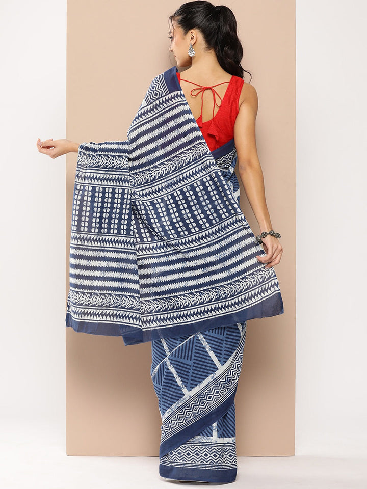 Blue Striped Mulmul Cotton Sarees With Unstitched Blouse