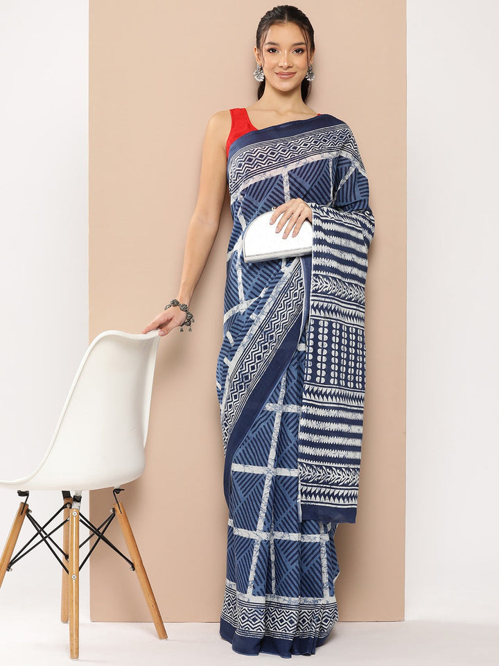 Blue Striped Mulmul Cotton Sarees With Unstitched Blouse-Yufta Store-1972SARBL