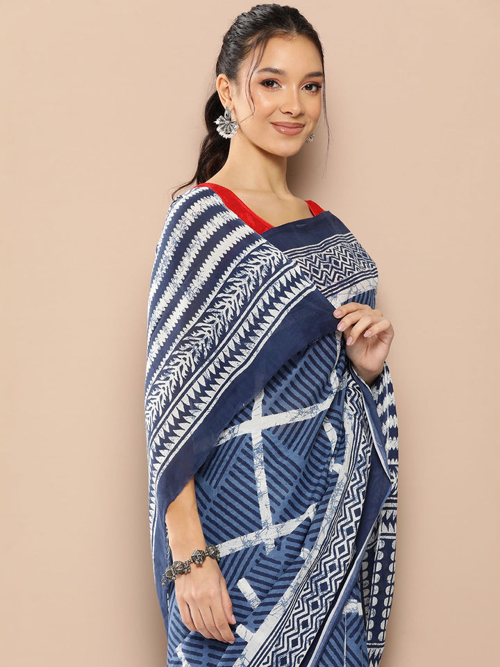 Blue Striped Mulmul Cotton Sarees With Unstitched Blouse-Yufta Store-1972SARBL