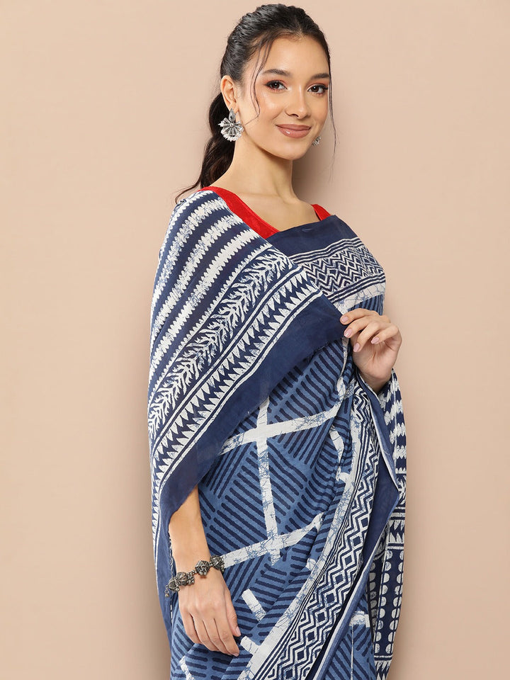 Blue Striped Mulmul Cotton Sarees With Unstitched Blouse