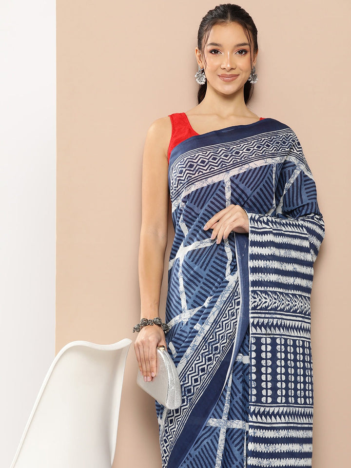 Blue Striped Mulmul Cotton Sarees With Unstitched Blouse