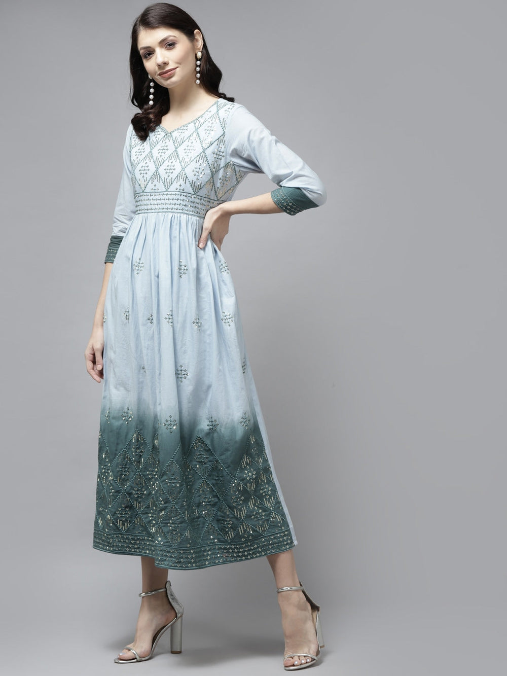 Blue & Teal Green Ethnic Maxi Dress-Yufta Store-2753DRSSBM