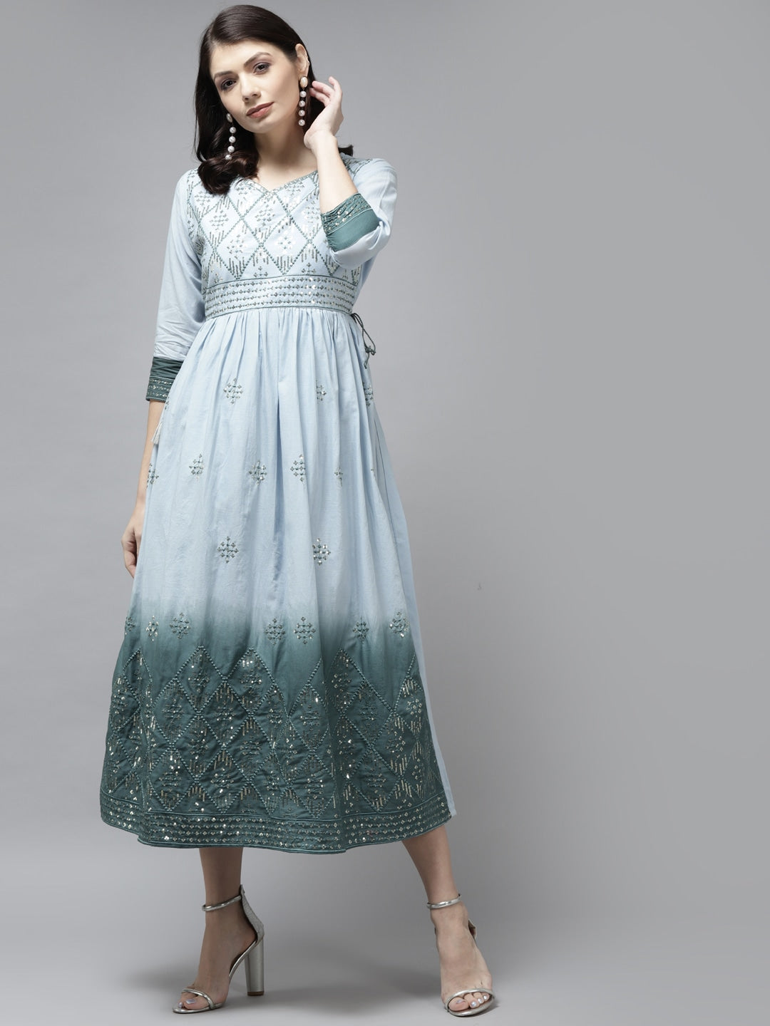 Blue & Teal Green Ethnic Maxi Dress-Yufta Store-2753DRSSBM