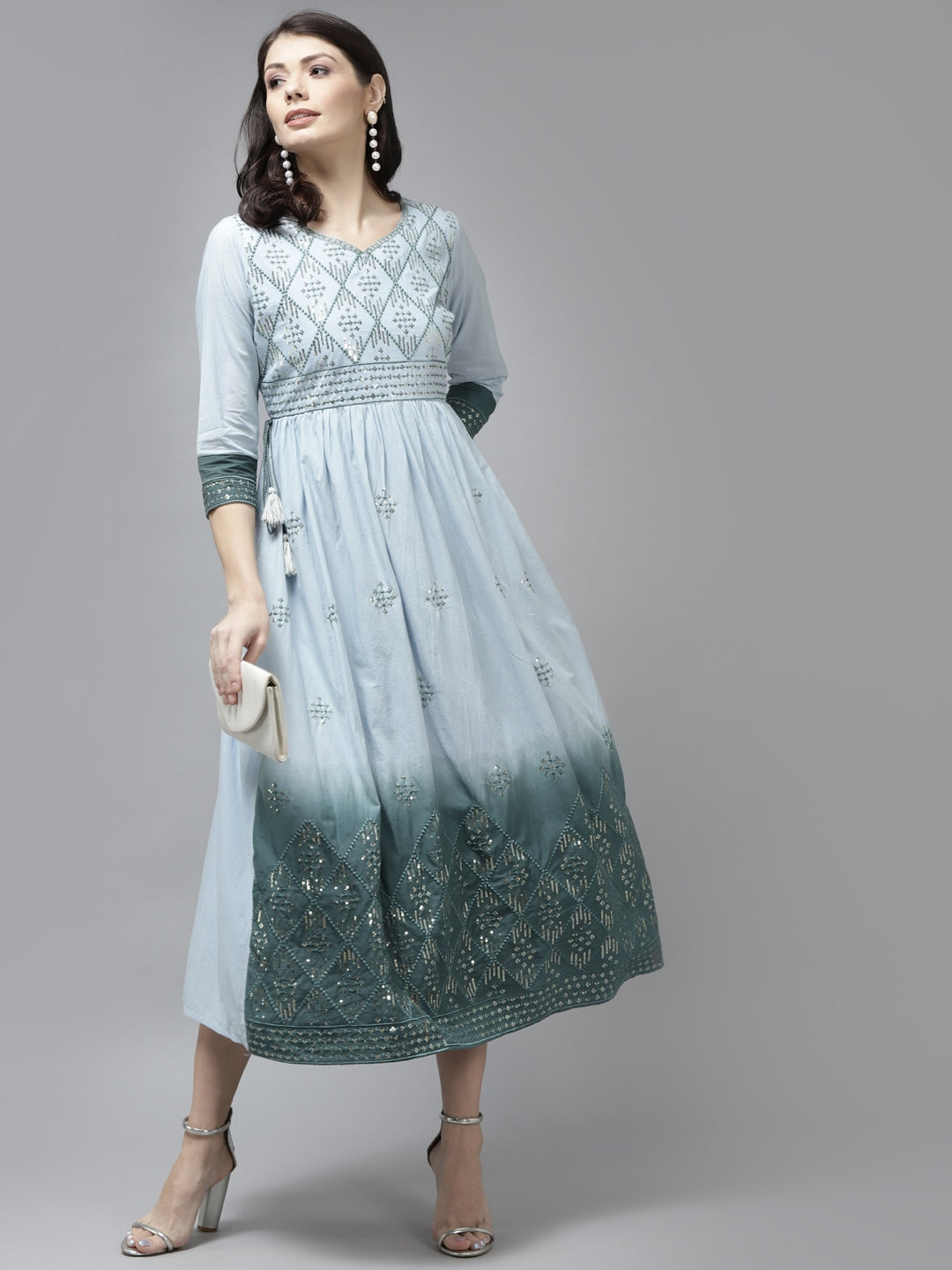 Blue & Teal Green Ethnic Maxi Dress-Yufta Store-2753DRSSBM