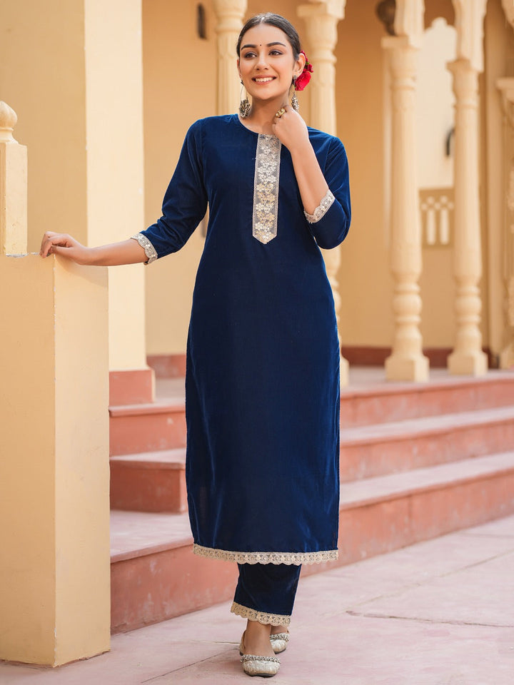 Blue Velvet Kurta Set with cotton Lining and Embroidery Kurta Trouser Set-Yufta Store-1798SETBLS