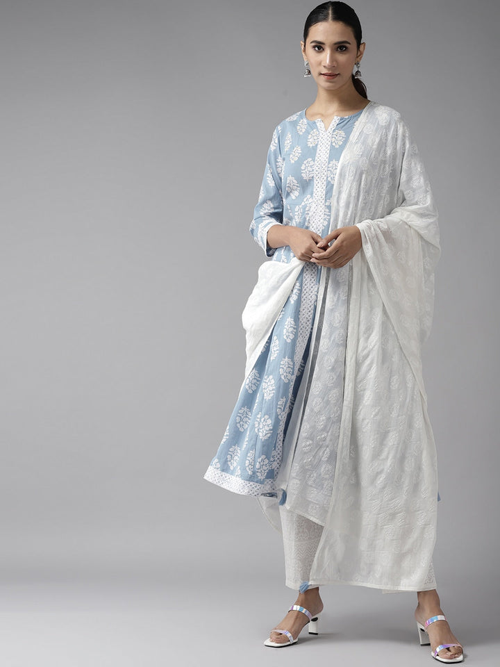 Blue & White A-Line Dupatta Set-Yufta Store-7615SETBLS