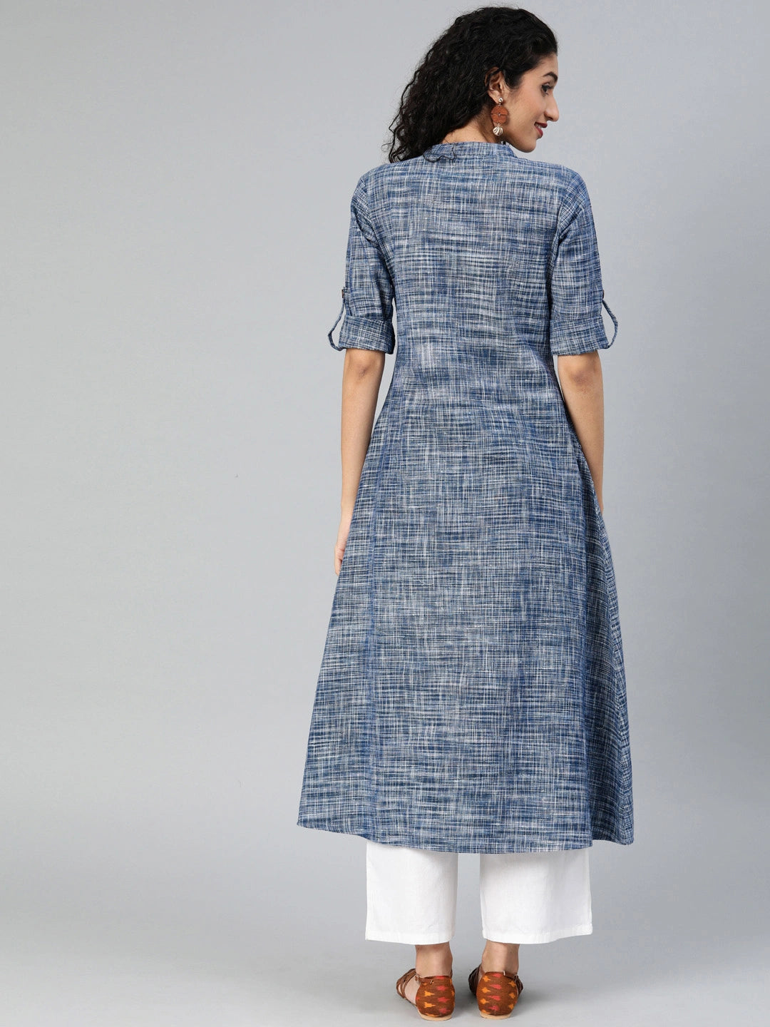 Blue & White A-Line Handwoven Kurta-Yufta Store-7262KURBLS