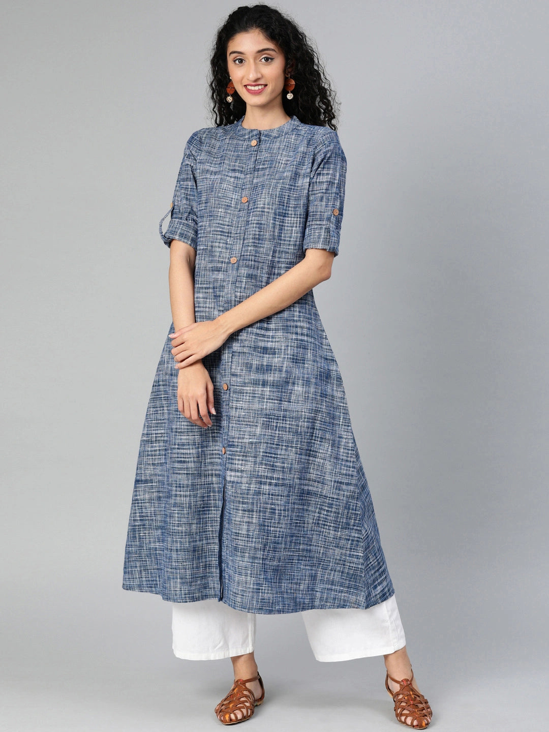 Blue & White A-Line Handwoven Kurta-Yufta Store-7262KURBLS